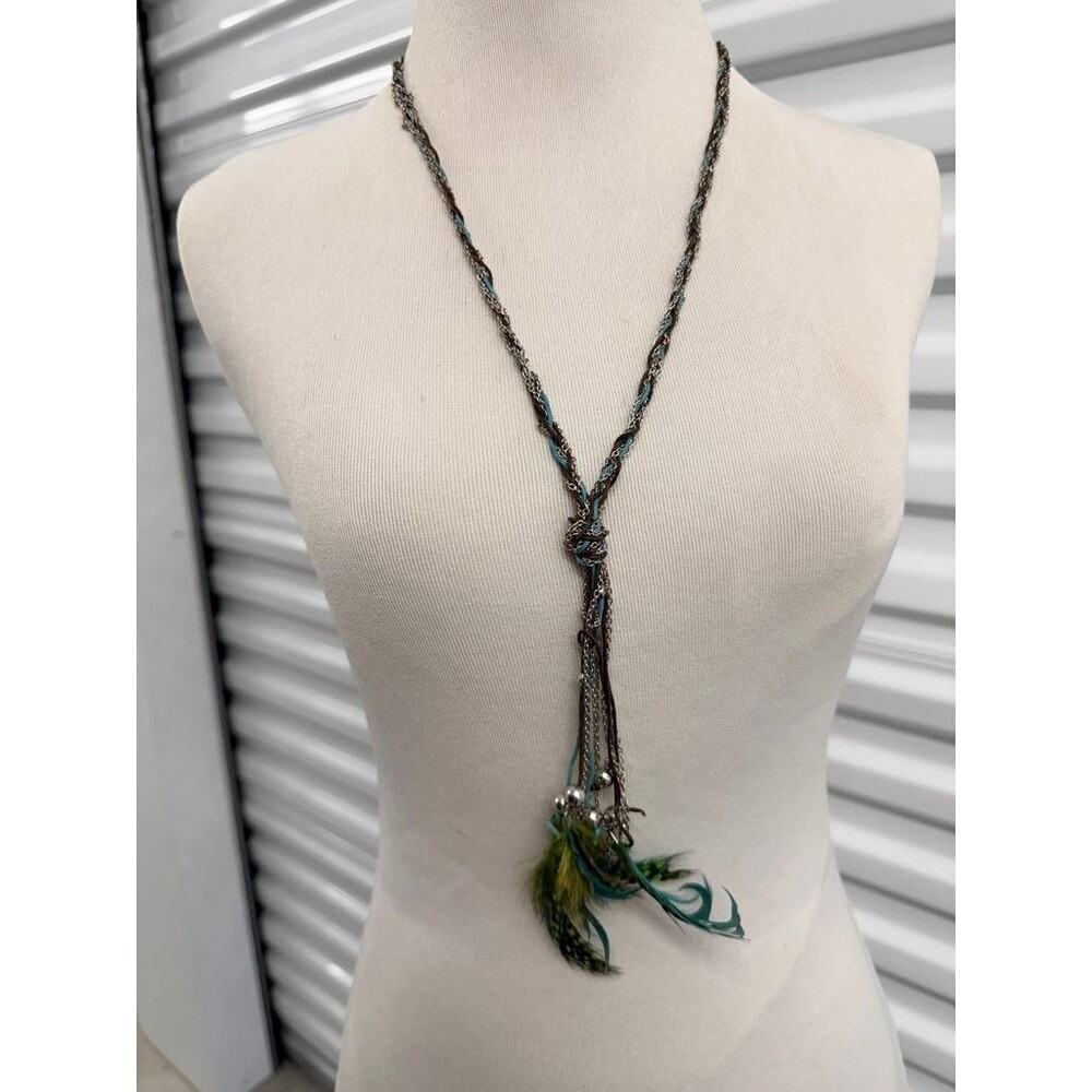 Boho Mixed Chain and Feather Pendant Necklace with Silver Beads